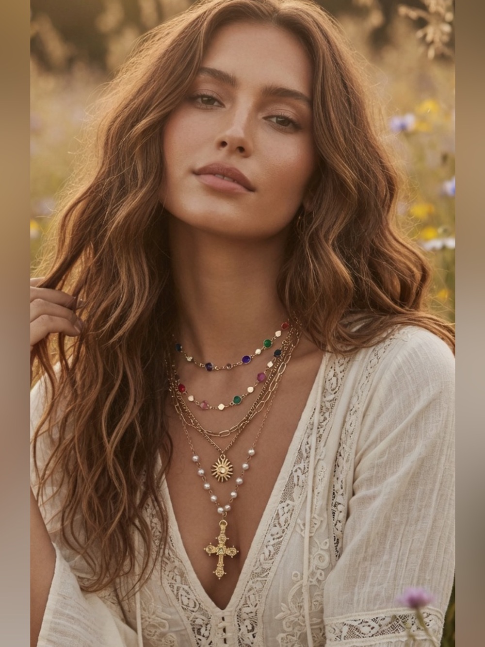 Free People Choker Cross Necklace layered gold western boho chain drop jewelry